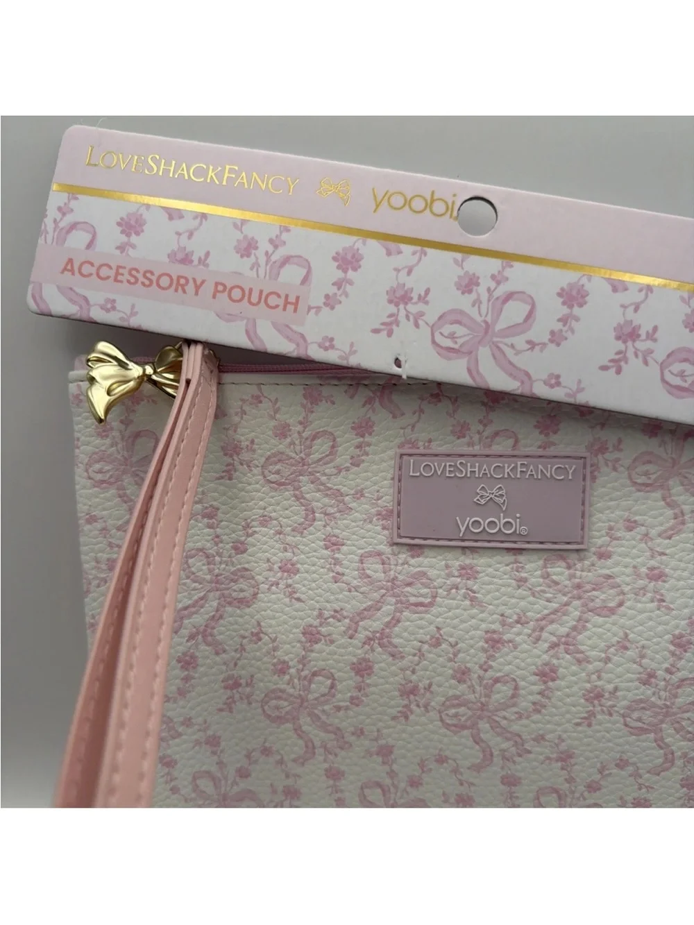 New - LoveShackFancy Pink Coquette Gold Bow Zipper Pouch/Wristlet w Strap